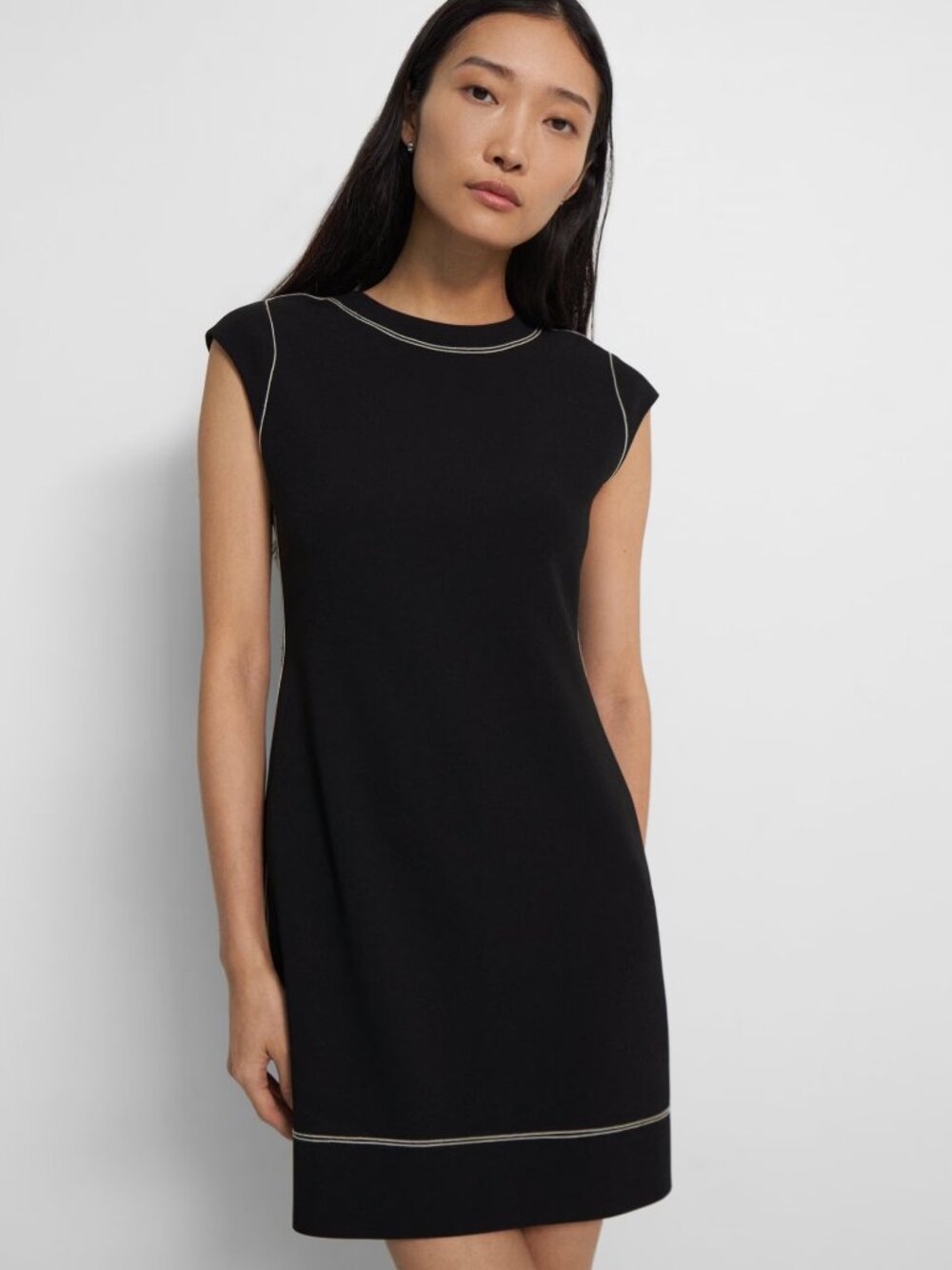Theory Black Embroidered Shift Dress in Admiral Crepe